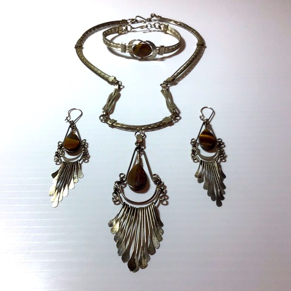 Artisan jewelry set Tiger Eye silver wire bracelet necklace & earrings So boho - Picture 1 of 9